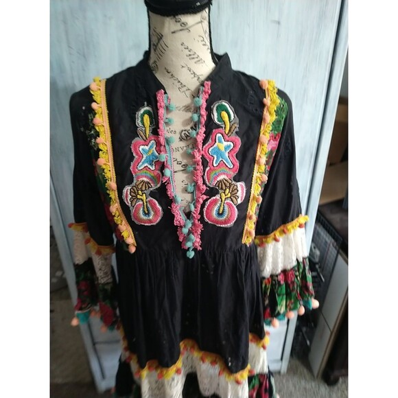 Love Positano Fringed Embroidered Flared Sleeve Dress Boho Cottage Core Feminine - Picture 3 of 15
